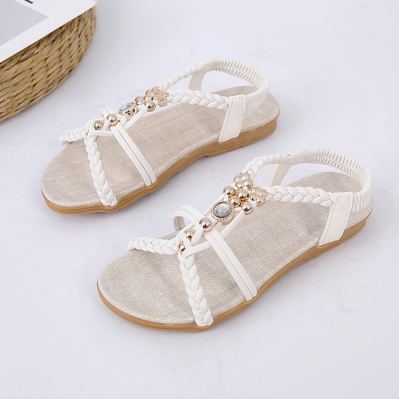 Summer New Flats Women\'s Rhinestone Knitting Round Toe Low Heel Beach Shoes Women\'s Sandals Pullovers