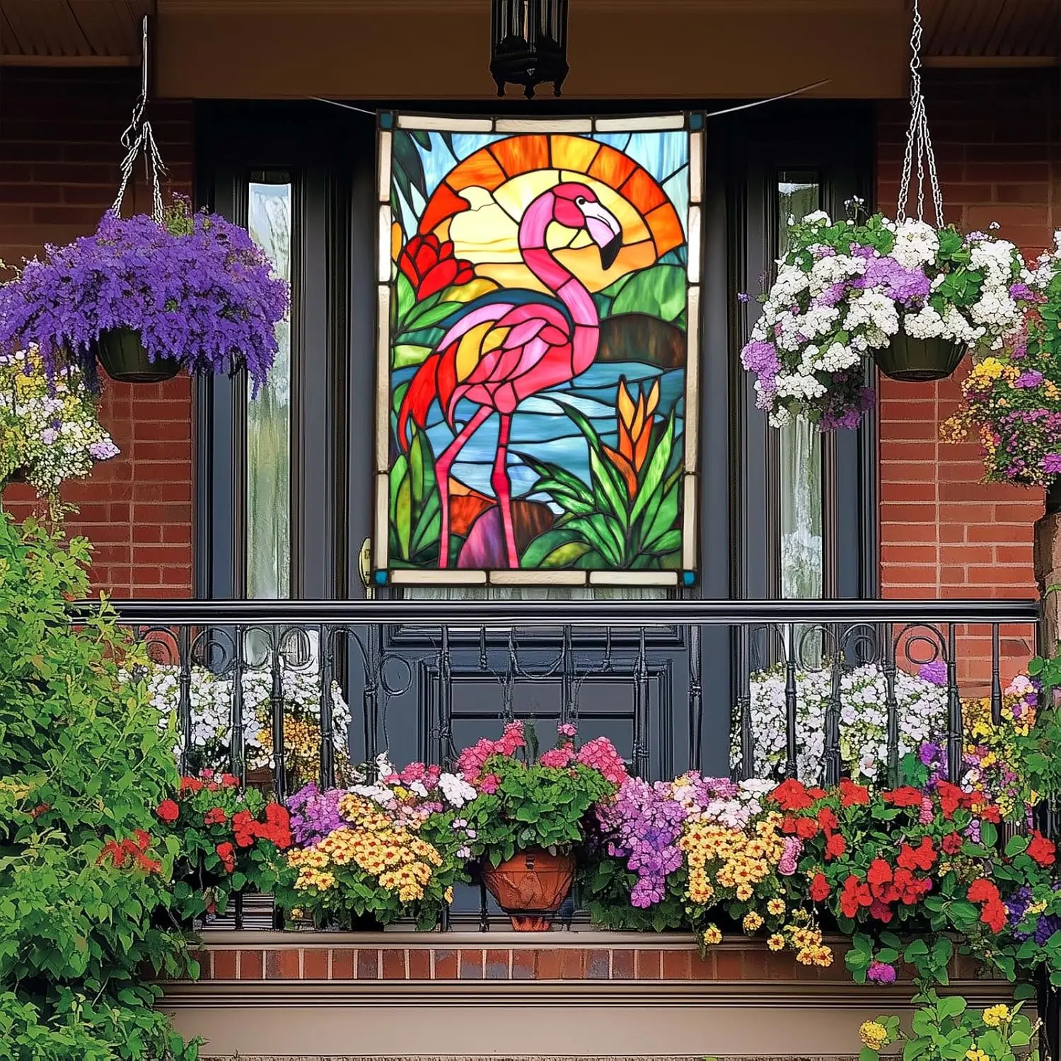 BlissYard Flamingo Welcome House Flag 28 x 40 Inch, Stained Glass Tropical Outdoor Decor for Front Yard Porch Lawn, Double S AAS