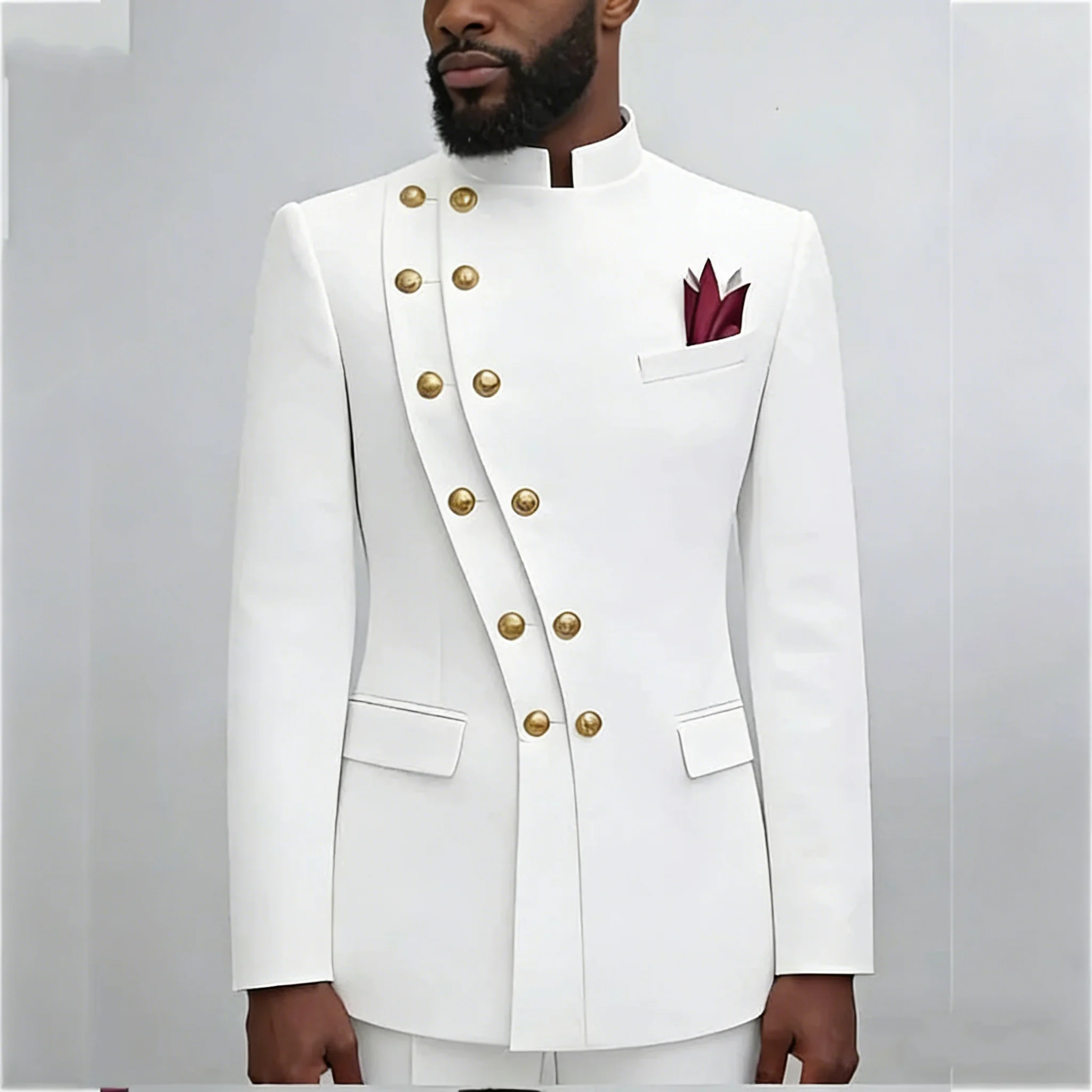 Spacial White Men Suits With Double Buttons Stand Collar Party Formal Wear Wedding Groom Prom Custom Male Clothing Jacket+Pants
