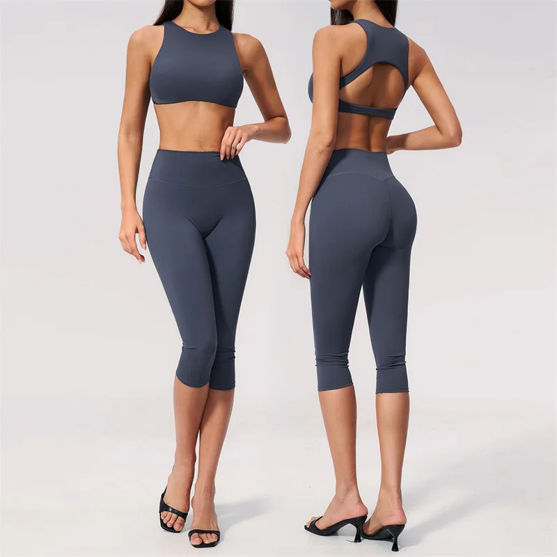 

TRY TO BN 2 Piece Gym Set Cutout Open Back High Neck Sports Vest High Waist Mid Leggings Fitness Breathable Workout Yoga Outfits