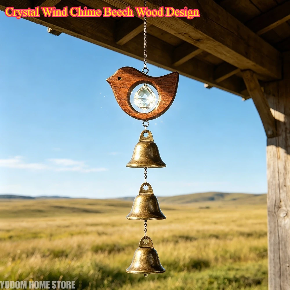 Crystal Wind Chime Beech Wood Design - Antique Copper Bell Creative for Patio Balcony Wall