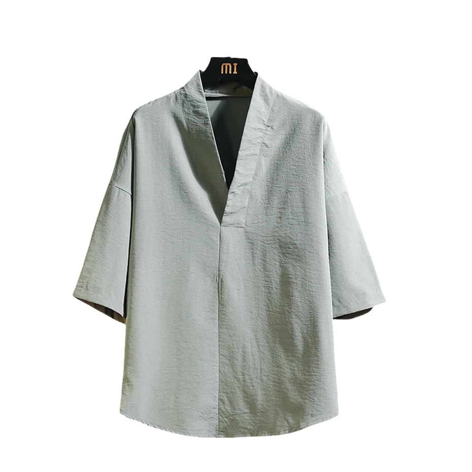 Shirts Men Solid Pullover V Neck Three Quarter Mens Kimono Shirts Traditional Streetwear Blouse Chinese Style Linen Shirts Man