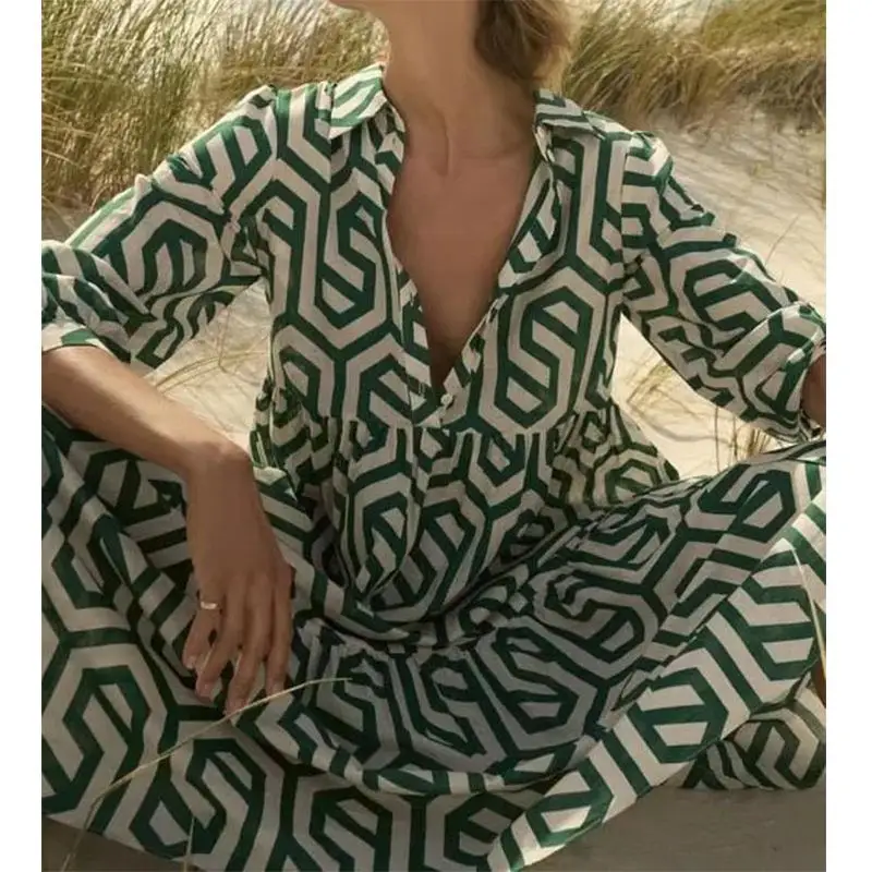 

Women's Long Sleeve Green Geometric Pattern Shirt Lapel Style mid Waist A-Line Dress Basic Model Single Piece Winter Collection