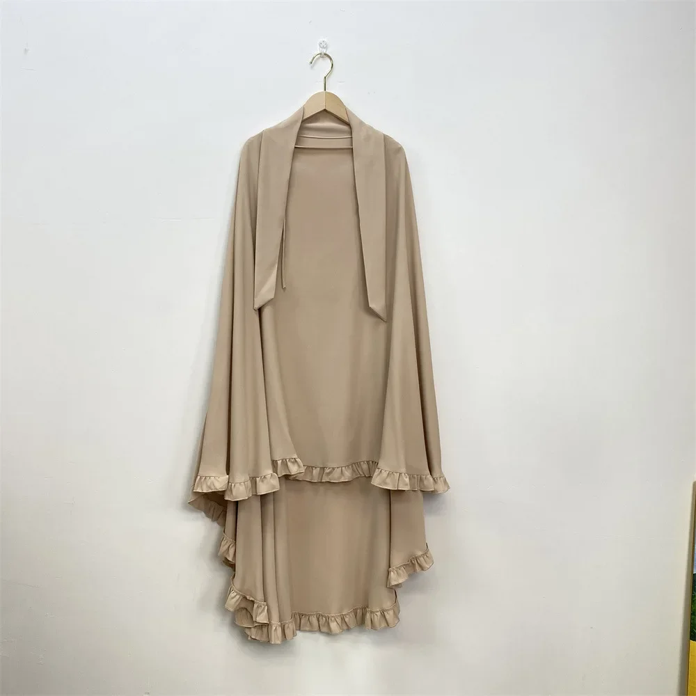 2025 Eid Ruffle Women Abaya Kimono Traditional Muslim Clothing Prayer Scarf Burqa Khimar One Layer Nida Crepe Niqab Hijab Nikab