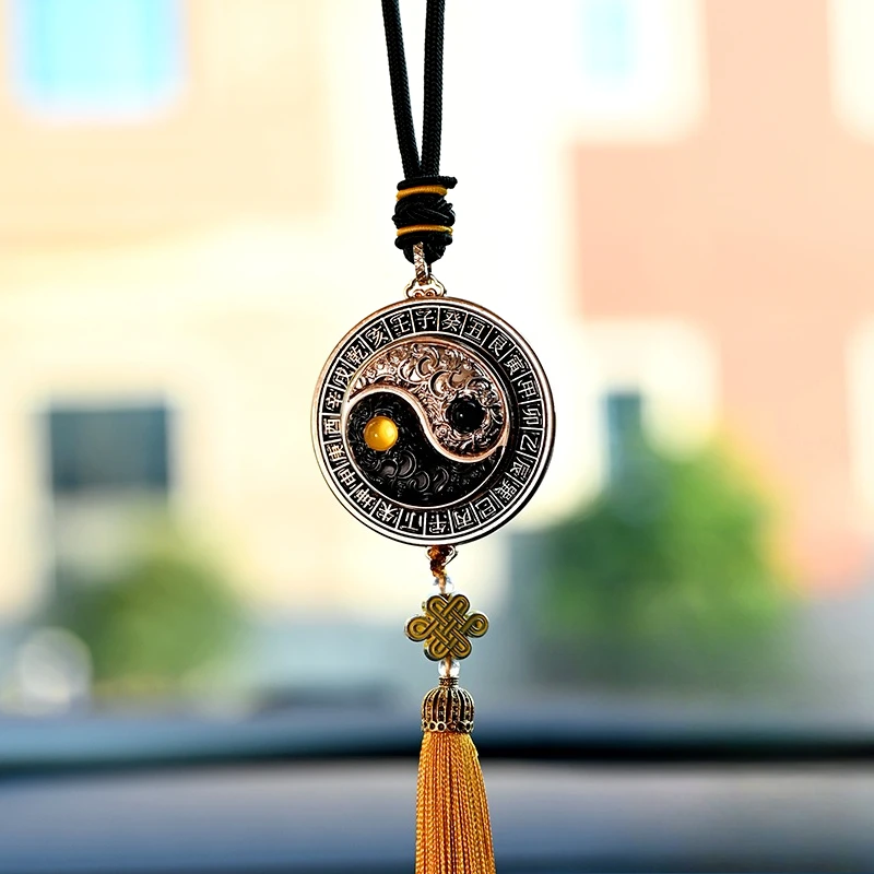 Chinese Style Yin Yang Tai Chi Bagua Lucky Fortune Car Hanging Ornament Blessing Rearview Mirror Pendant Tassel Auto Interior