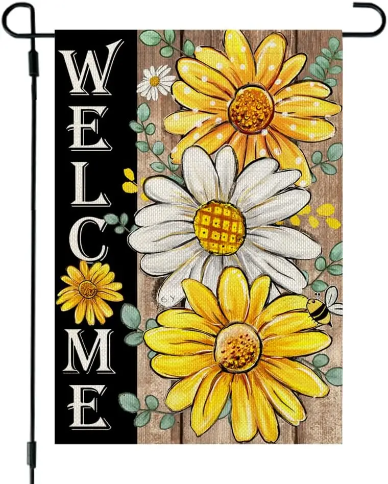 CROWNED BEAUTY Summer Garden Flag Daisy Sunflower Double Sided 12x18 Inches Small Burlap Seasonal Welcome Yard Spring Decora yyi