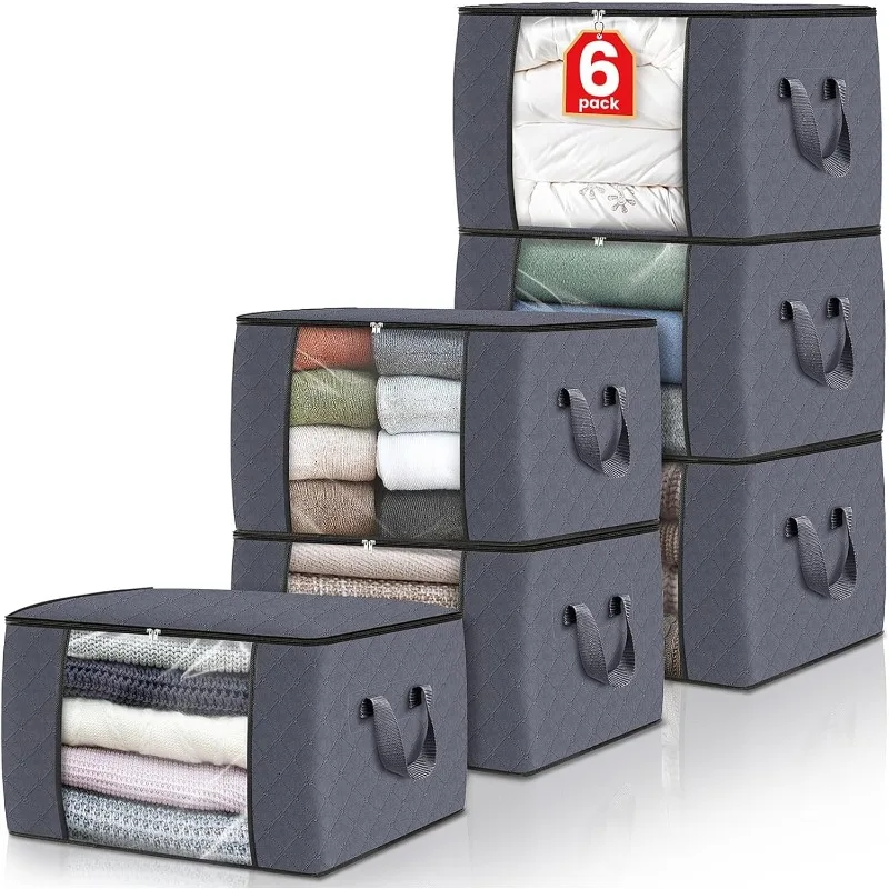 6 Pack Clothes Storage, Foldable Thick Fabric Blanket Storage Bags, Storage Containers for Organizing Bedroom