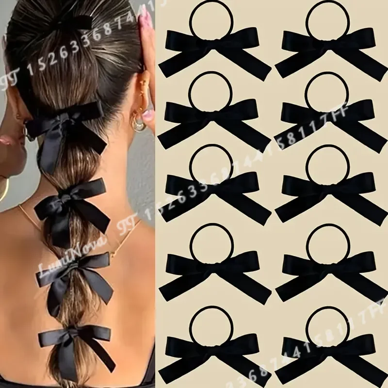 10 Pcs Black Satin Ribbon Hair Ties with Bows Elastic Hair Bands for Women Girls Ponytail Holders Cute Bowknot Hair
