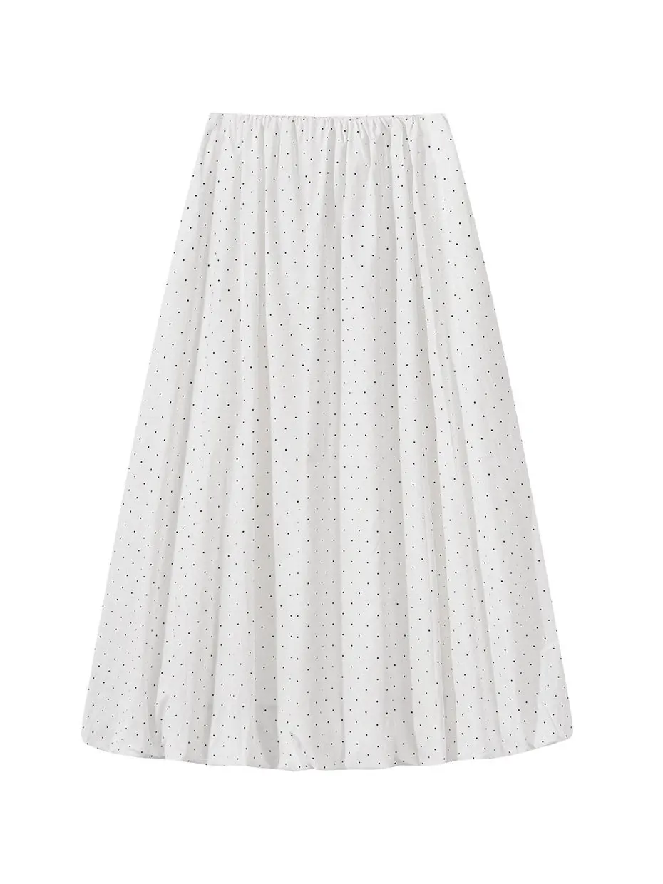 

Нежная белая юбка-миди в горошек с высокой талией, драпировкой и пышным А-образным силуэтом из фатина, асимметричная, для весеннего сезона