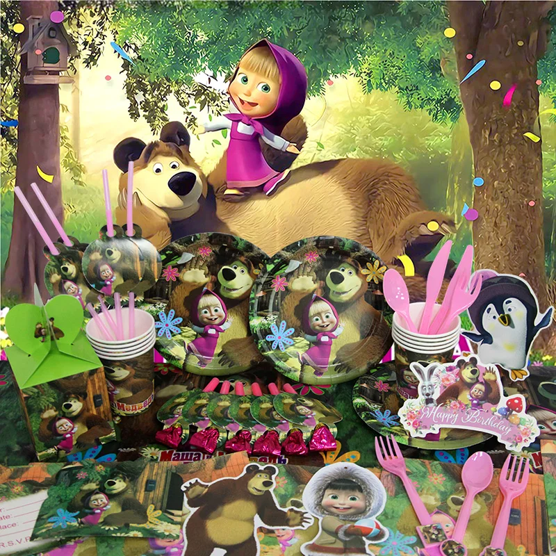 Mashass und Bär Geburtstag Party Dekoration Hintergrund Banner für Kinder Aluminiumfolie Latex Ballon Einweggeschirr Geschenk – Detail 2