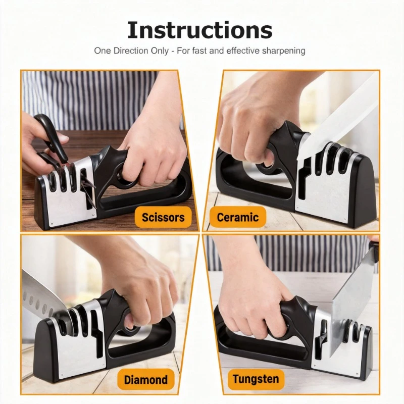 4-in-1 Kitchen Knife Sharpener Manual Professional Sharpening Tool for Chef Knives Scissors Quick Sharpening & Polishing System