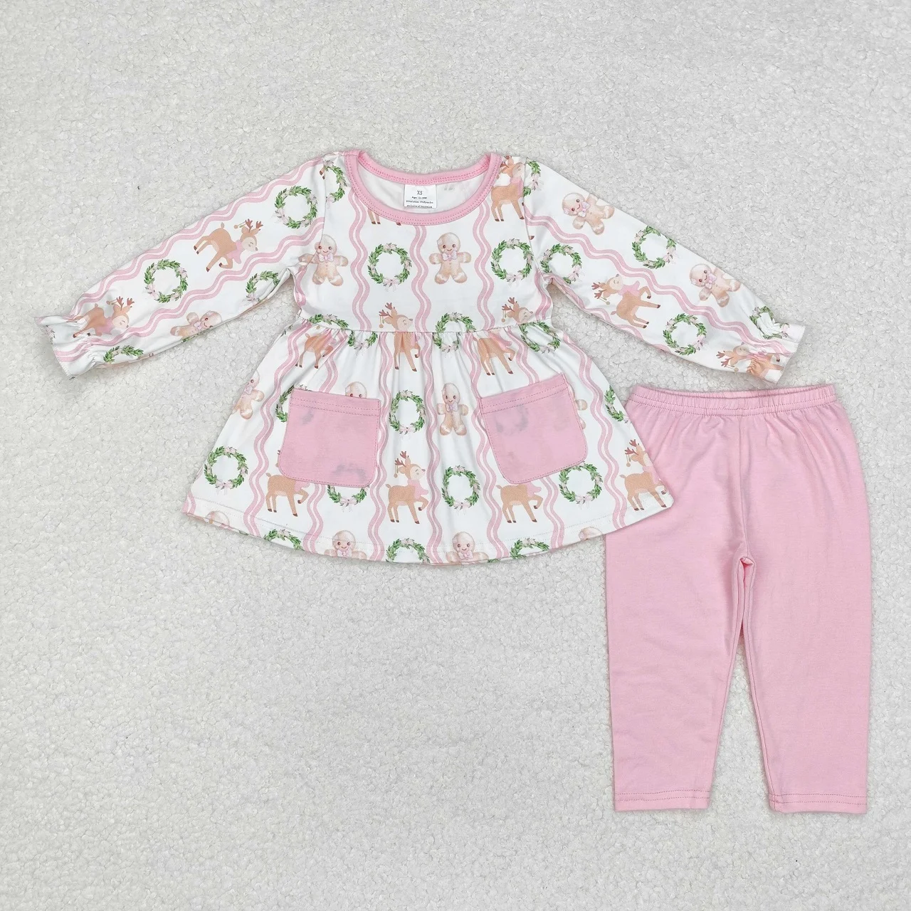 

Wholesale Children Christmas Outfit Toddler Gingerbread Deer Pocket Tops Kids Christmas Set Baby Girl Pink Cotton Pants Clothes