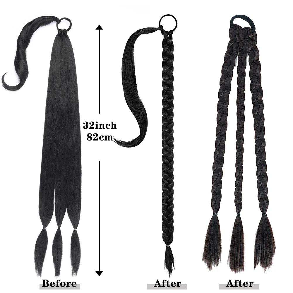 Longo diy trançado extensão de rabo de cavalo sintético com laço de cabelo em linha reta envoltório em torno de extensões de cabelo rabo de cavalo natural cabelo macio