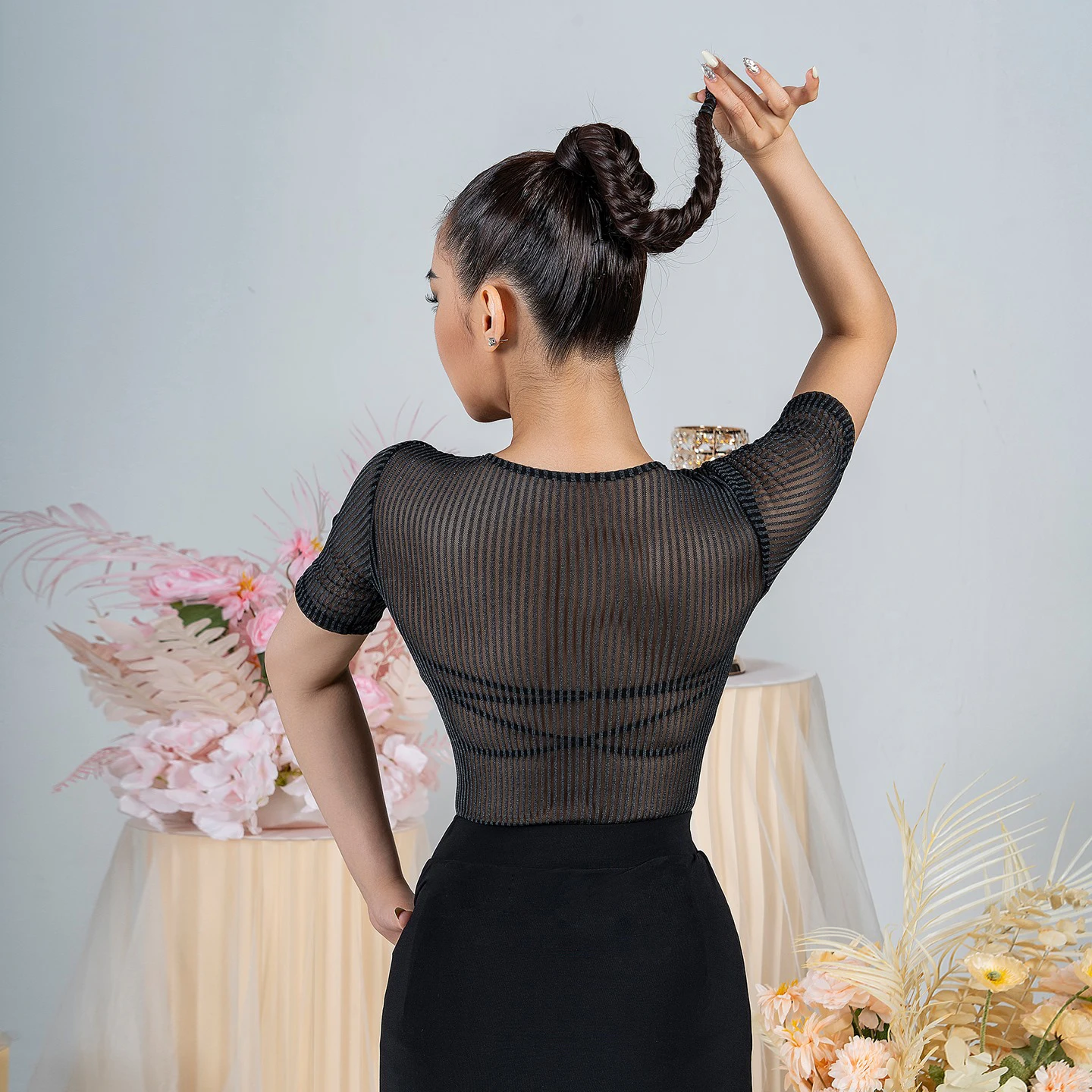 ラテンダンス服社交ダンス衣装セクシーなメッシュカバーオール不規則なスカートワルツダンスパフォーマンスドレス練習着 DNV23879