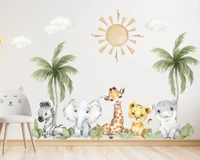 Baby Safari Animals Watercolor Wall Decal, Watercolor Wall Sticker, Nursery Mural, Lion, Elephant Wall Decal, Peel and Stick Tre