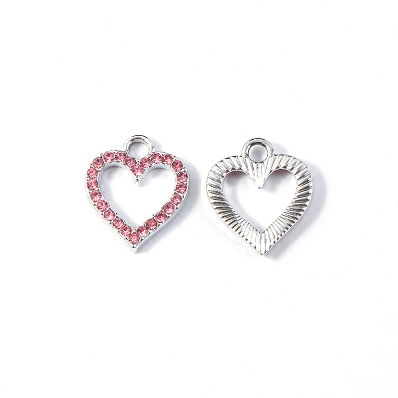 10Pcs/Lot Silver Plated Pink Crystal Heart Charm Pendant for Jewelry Making Earrings Bracelet Necklace Accessories DIY Findings