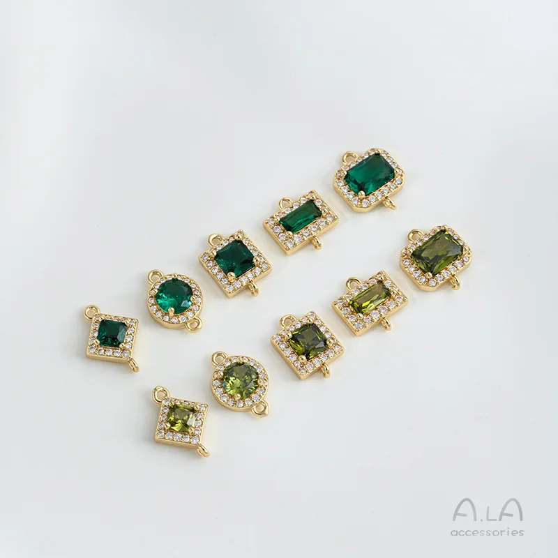 14K Gold Color Retention Emerald Olive Green Zircon Inlaid Geometric Double Rings For DIY Jewelry Accessories