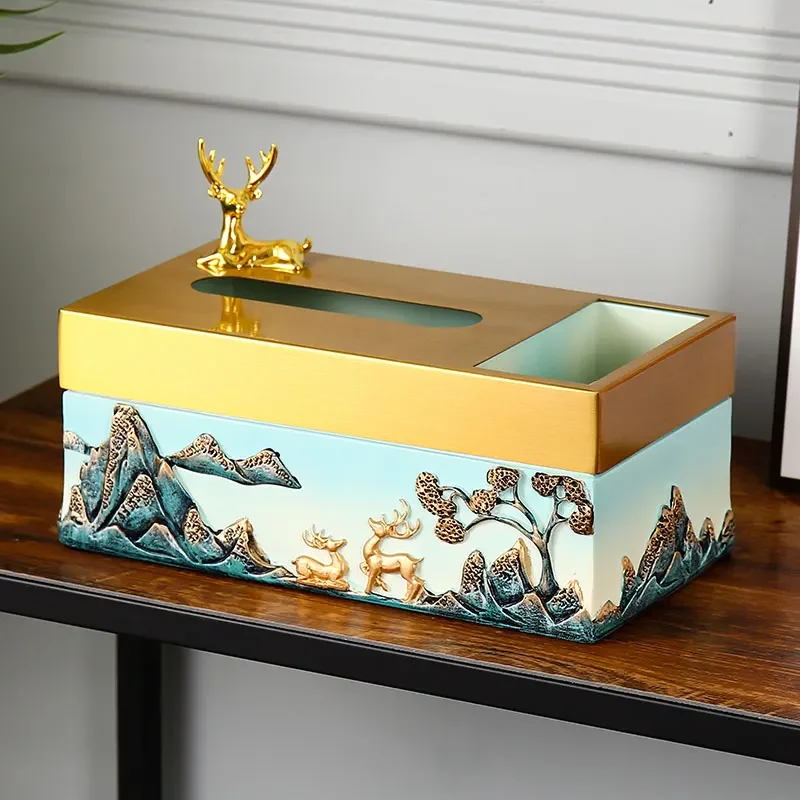 Iron Art Resin Tissue Box Rectangular Storage Deer Decoration Napkin Holder Multifunction Remote Control