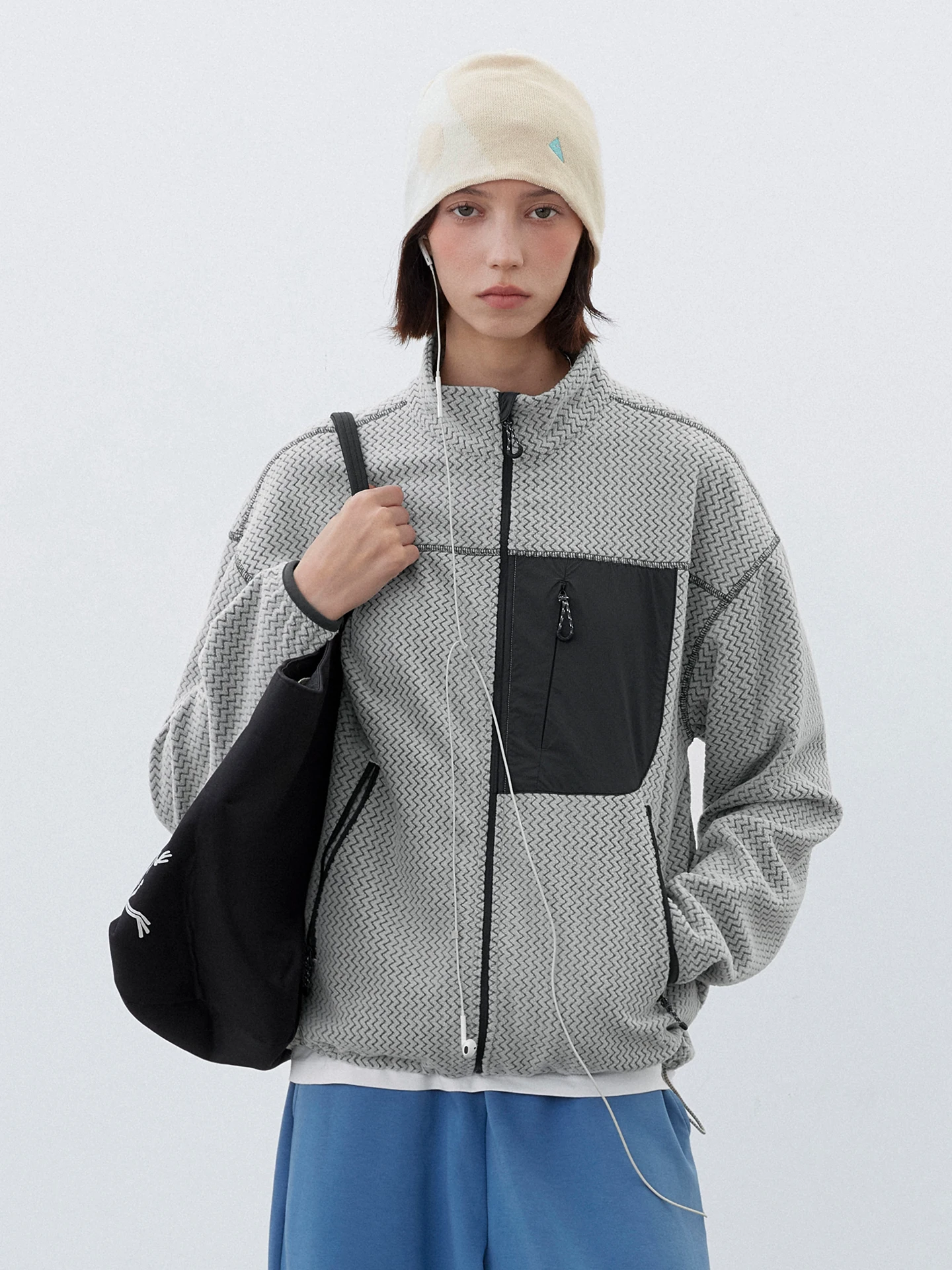 714street Retro Wave Pattern Fleece Lined Stand Collar Jacket Loose Fit Sporty Men's Outerwear Autumn Season Casual Style