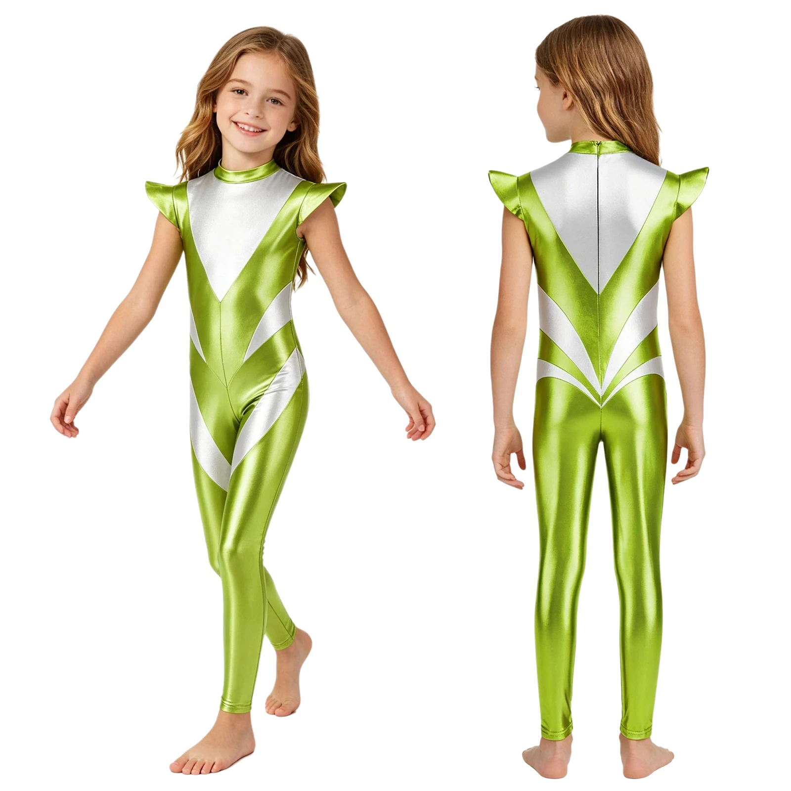 

Kids Halloween Theme Party Alien Robot Astronaut Space Cadet Costume Fly Sleeve Metallic Shiny Jumpsuit Ballet Dance Leotard