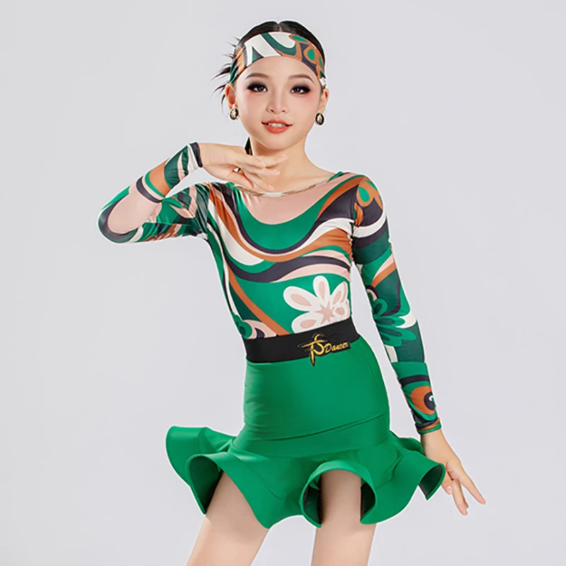 Long Sleeve Bodysuit Latin Dance Training Clothes Kids Girls Printed Professional Competition Performance Dresses Costume