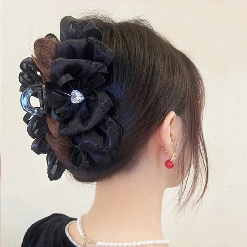 1/2 Stück Damen Mehrfarbige Strass-Herz-Verzierung Netz-Schleife Haarspange Doppelseitige Bubble-Grip-Klammer Flauschige Haarkralle – Detail 8