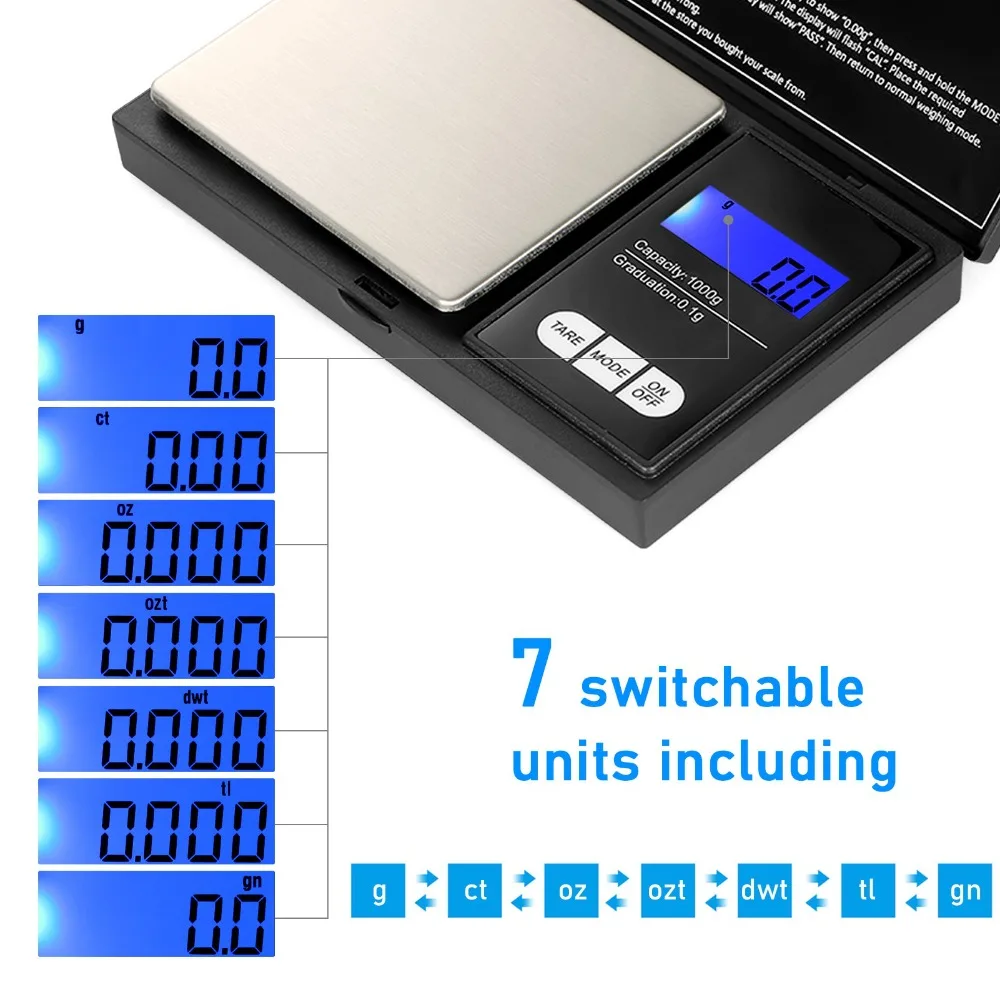 ABS Digital Pocket Scale Backlight Display 7 Units Convertible Jewelry Gold Scale Portable High Precision Mini Balance Scale