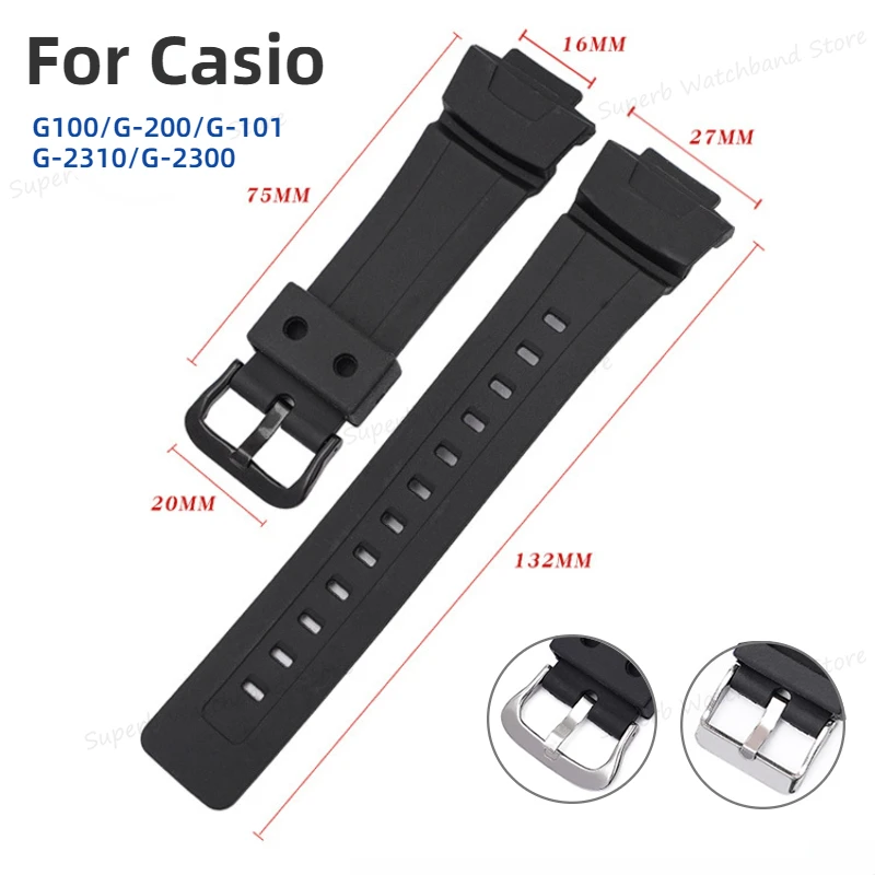 16mm Silicone Watch Band for Casio G-100 G-200 G-101 G-2310 G-2300 for Men Watch Resin Strap Black Soft Bracelet Replacement