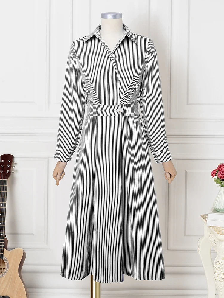 VONDA Elegante Frauen Gestreiften Lange Kleid Langarm Tasten Revers Plissee Hemd Vestidos Herbst Hohe Taille Büro Dame Party Robe