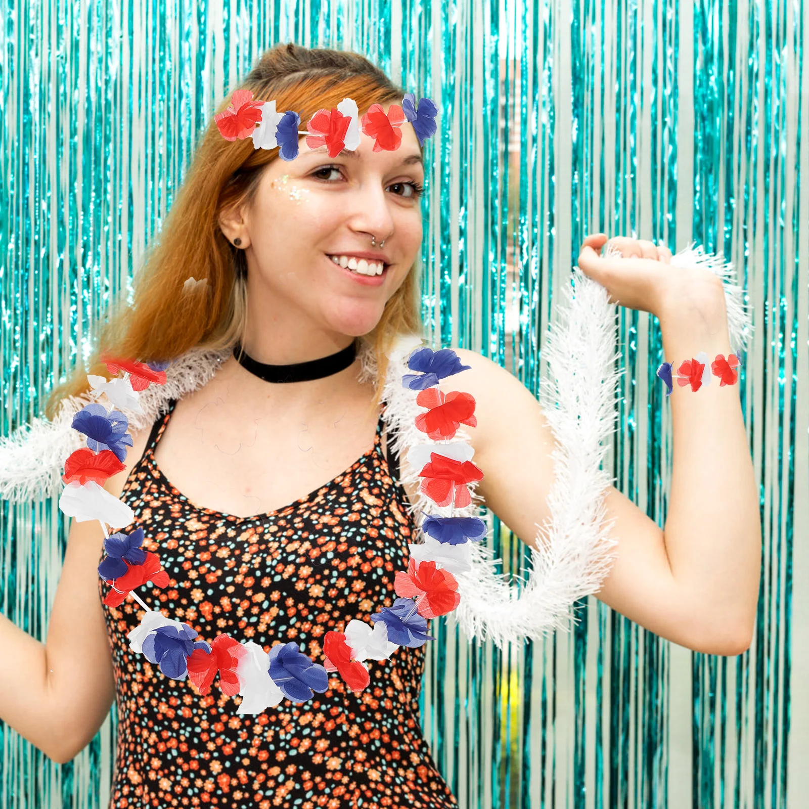 

72 Pcs Hawaiian Lei Necklaces Red White Blue Headpiece Decorations Party Supplies Flower Bracelets Artificial Flowers