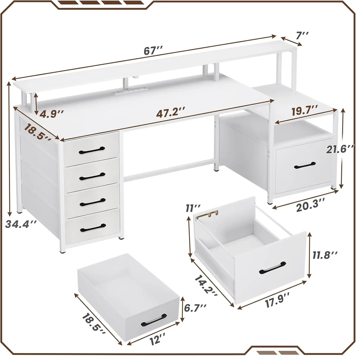 White Computer Desk with 5 Drawer & Power Outlet, 66'' Home Office Desk with File Drawer, Storage Shelves, Printer Cabinet