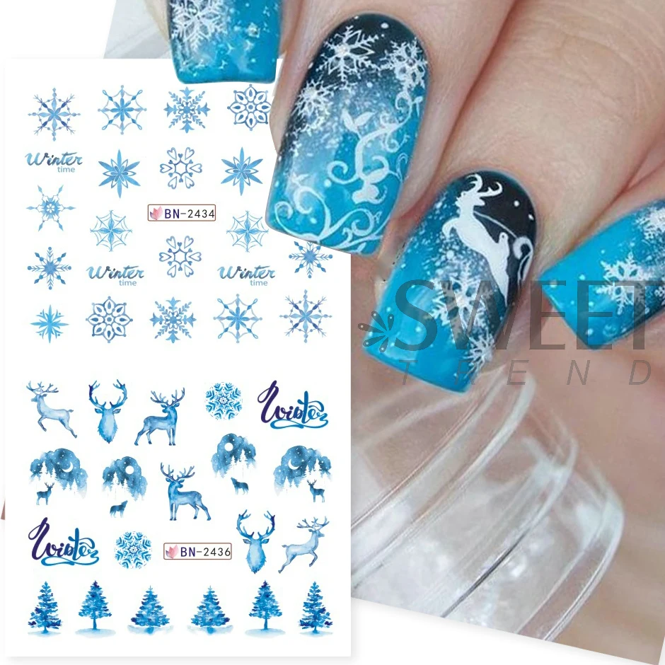 12pcs Winter Forest Styling Water Stickers For Nail Gradient Snowflake Bird Elk Design Xmas Manicure Charm Sliders LYBN2425-2436