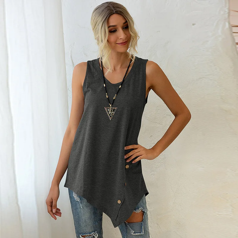 2023 Summer Women Tops Teen Girls 90s Loose Casual V Neck Button Tank Tops Asymmetrical Hems Sleeveless Vest Chaleco