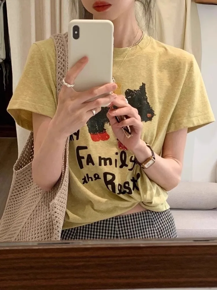 

plus Size 300 Pou Yellow Cartoon Print ort Sve round Ne T-irt Women's Summer Loose Chic Top Korean Sle Cotton Tee