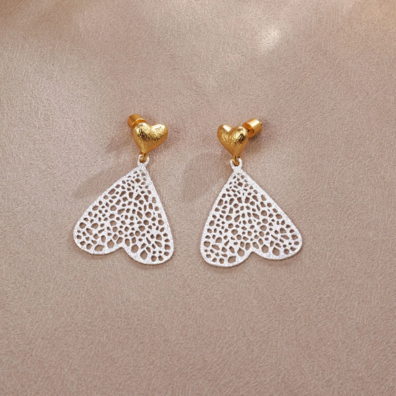 New Jewelry & Accessories Sweet Romance Style Heart Hollow Lace Two-Color Metal Earrings For Women's Parties & Gifts