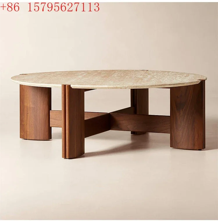 

Imported travertine solid wood coffee table small apartment living room sitting area round coffee table French wabi-sabi9344