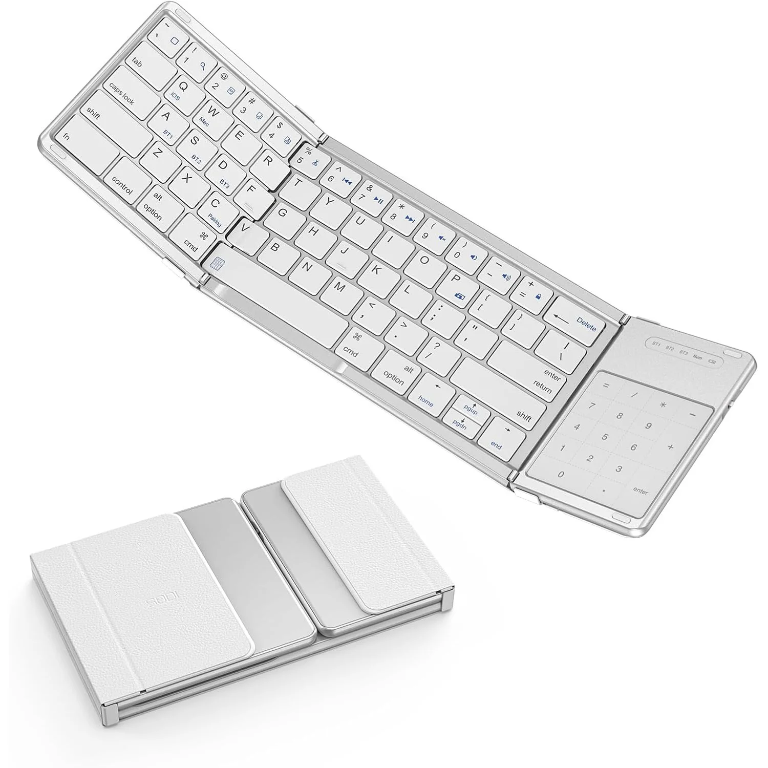 SODI Foldable Keyboard with Touchpad Portable Wireless Keyboard with Phone Holder Rechargeable for iPad iPhone Mac iOS White