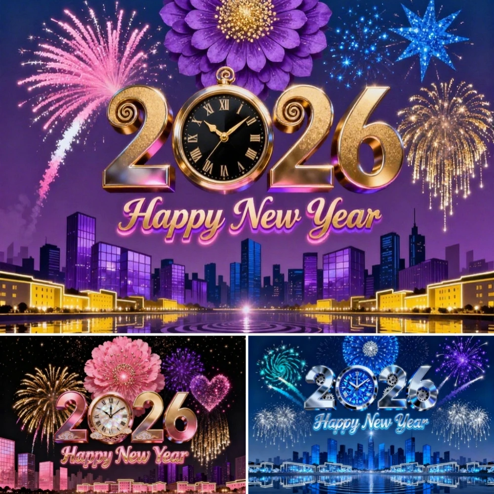 2026 Happy New Year Celebration Backdrop Purple Flowers Pocket Watch City Skyline Decor Family Party Background