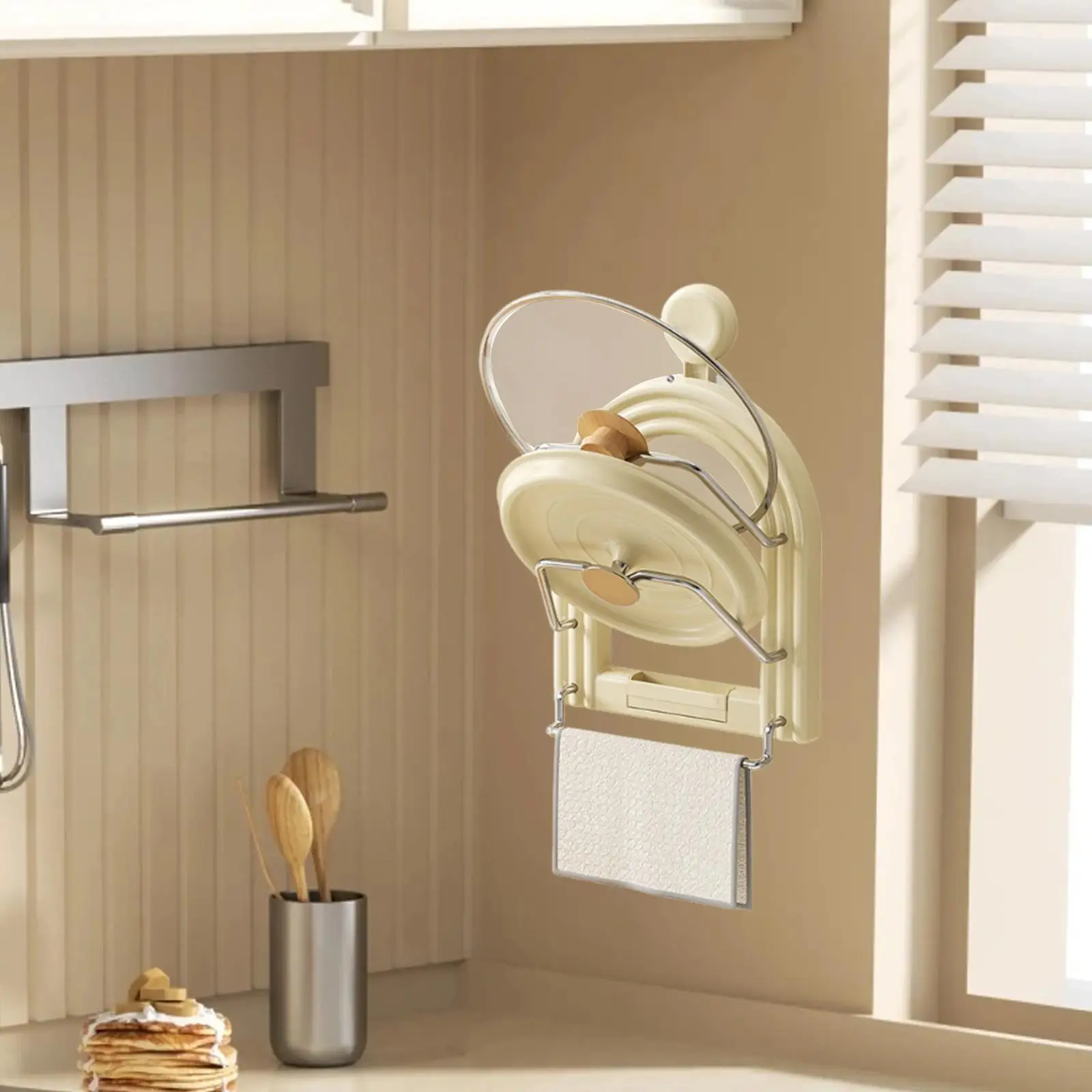 

Держатель для крышек кастрюль с вешалкой для полотенец, кухонные принадлежности, 2-уровневый органайзер для крышек кастрюли для ресторана, настенный шкаф, дверца кухонного шкафа