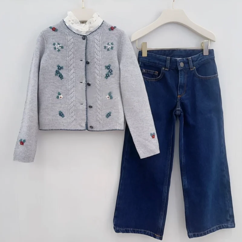 

Girls' Sweater 2025 Winter New Arrival Printed Fashion Embroidered Knit Cotton-Start Girls' Denim Wide-Leg Pants Corduroy Skirt