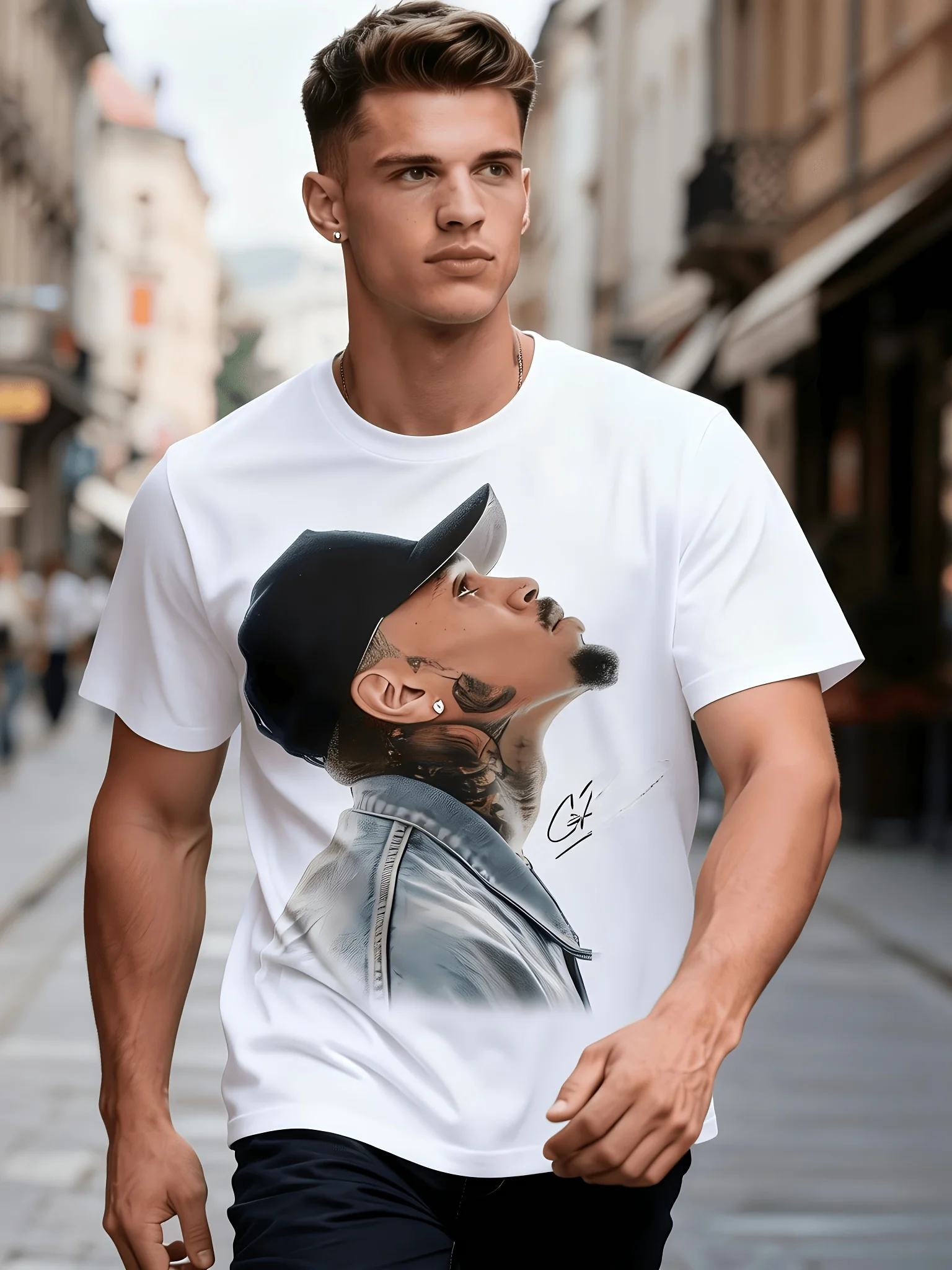 Men's View Pattern T-Shirt - 220g Heat Transfer T-Shirt with Signed Side and Signed Design, Loose Version Short Sleeve Shirt, Birthday and Mother's Day Gifts, Gift Ideas, Crew Neck, Breathable Fabric