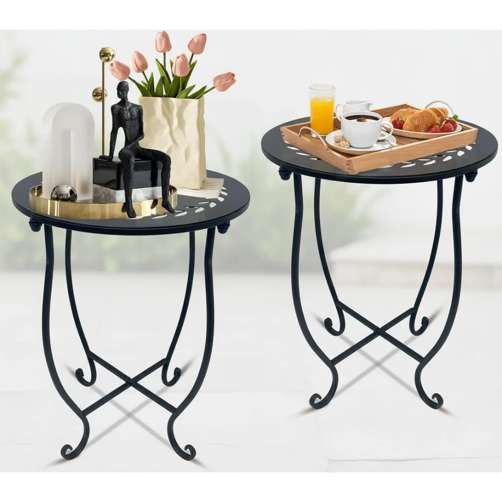 

2-Pack Round Metal Side Tables, 14 Inch Weather Resistant Patio Coffee Table for Home Garden Office