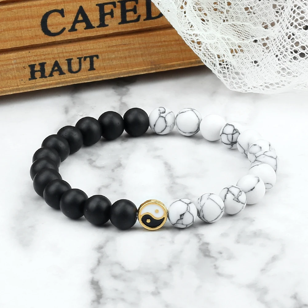 Fashion Couple Bracelets 8mm Natural Stone Beads Tai Chi Yin Yang Pendant Elastic Bracelet For Men Women Wristband Jewelry Gift