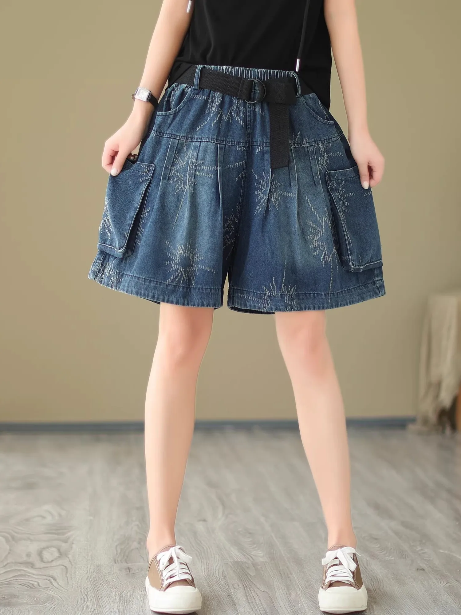 

Summer New Women's Jeans orts Slimming Elastic Waist Loose Wide Leg plus Size Thin Five-Point Pants Slit Mid-Pants