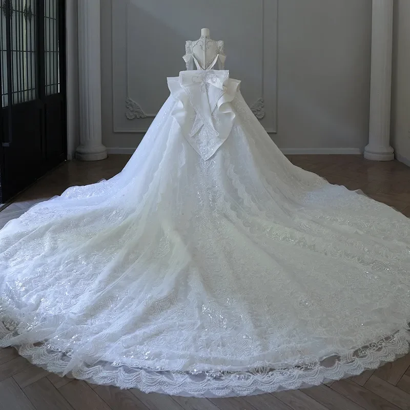 Luxury A-Line Decal 3D Crystal Bead Decoration Princess Wedding Dress Sexy High Neck Palace Dubai Arab Bride Dress Customized view 4