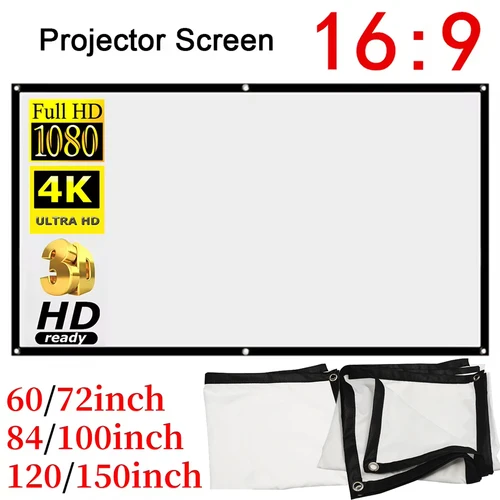 Cortina de proyector con pantalla HD 16:9, pantalla de proyección de varios tamaños 4K de alta calidad para el hogar, oficina, accesorios para dormitorio