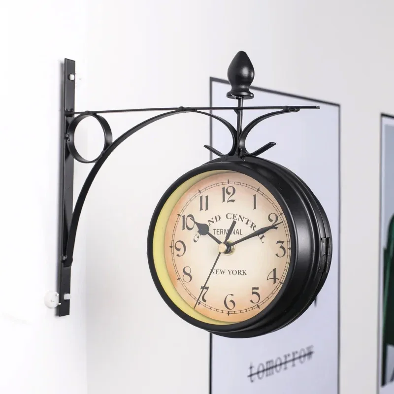 Double Sided Waterproof Wall Clock Retro Wrought Iron Metal Wall Clock Silent Indoor Outdoor Home
