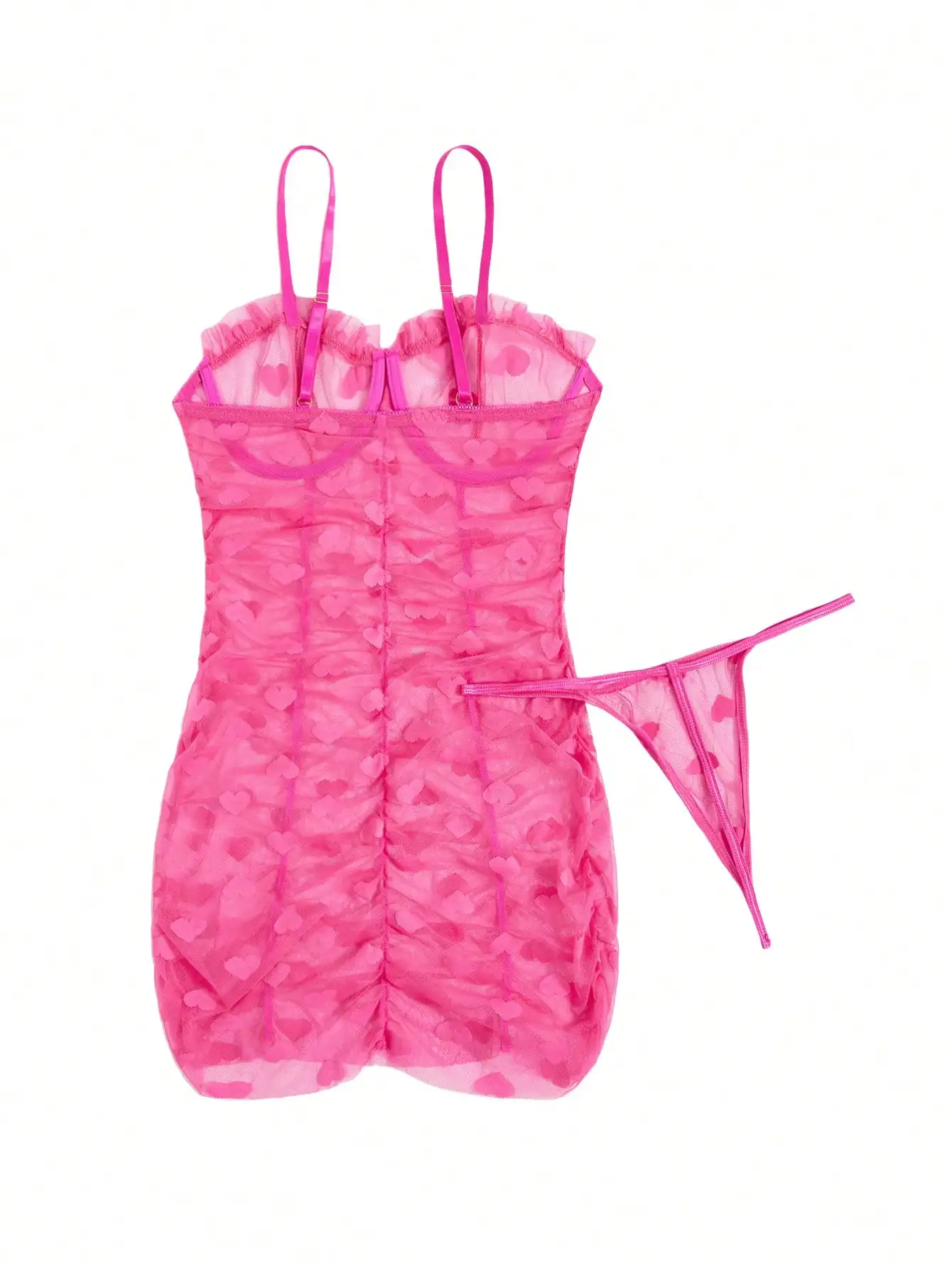 Heart Mesh Frill Trim Underwire Sexy Lingerie Dress & Thong Women's Lace & Mesh Patchwork Halter Neck Babydoll Lingerie Dress