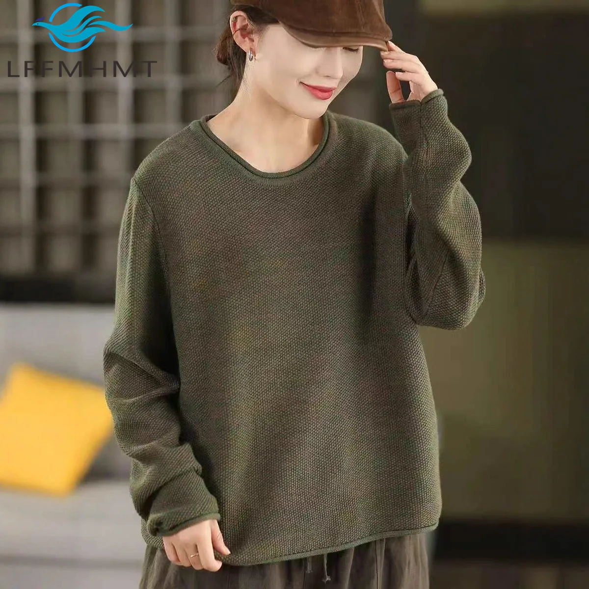 

Осень-зима, вязаный свитер из хлопковой пряжи в стиле ретро для женщин, пуловеры с круглым вырезом и длинными рукавами, мягкие удобные винтажные топы