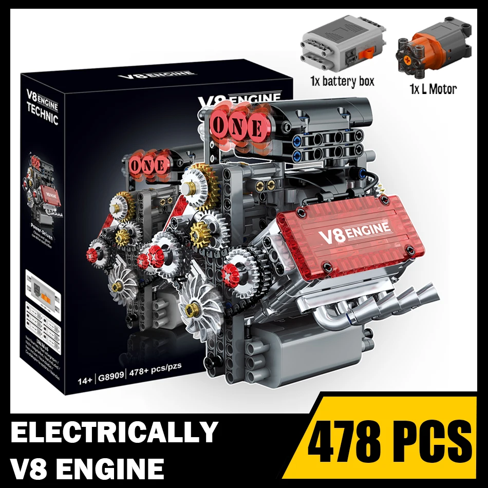 

MOC Technical Electrically V8 Engine Model Building Block Car Part Supercar Motorized Engine Assembly Bricks Toys Adult Kid Gift